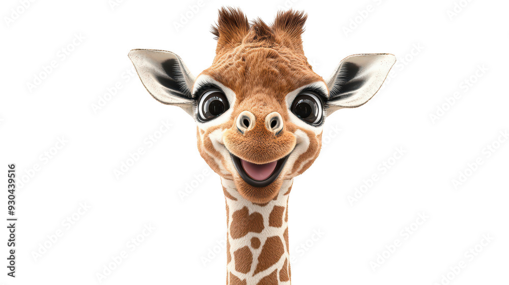Fototapeta premium Realistic 3d render of a happy, furry and cute baby Giraffe smiling with big eyes looking strainght