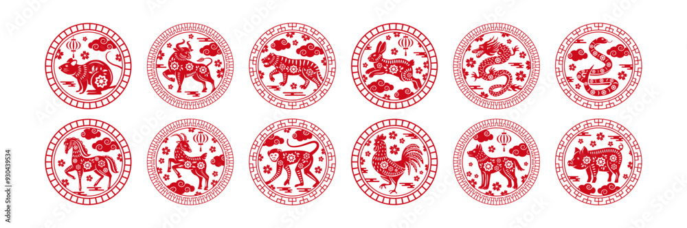 Chinese zodiac circle stamp. Animal of year circular emblem with floral pattern, decorative borders and traditional Asian ornaments. Animals of twelve zodiac signs vector illustration set. Chinese zodiac circle stamp. Animal of year circular emblem with floral pattern, decorative borders and traditional Asian ornaments. Animals of twelve zodiac signs vector illustration set.