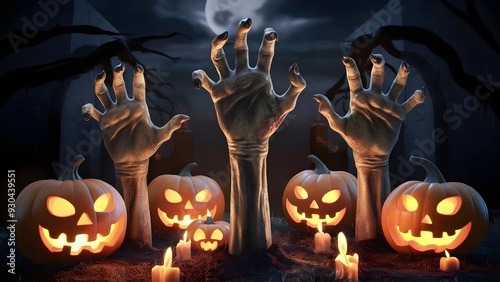 Zombie hands rising in dark Halloween night.with pumpkins for halloween,