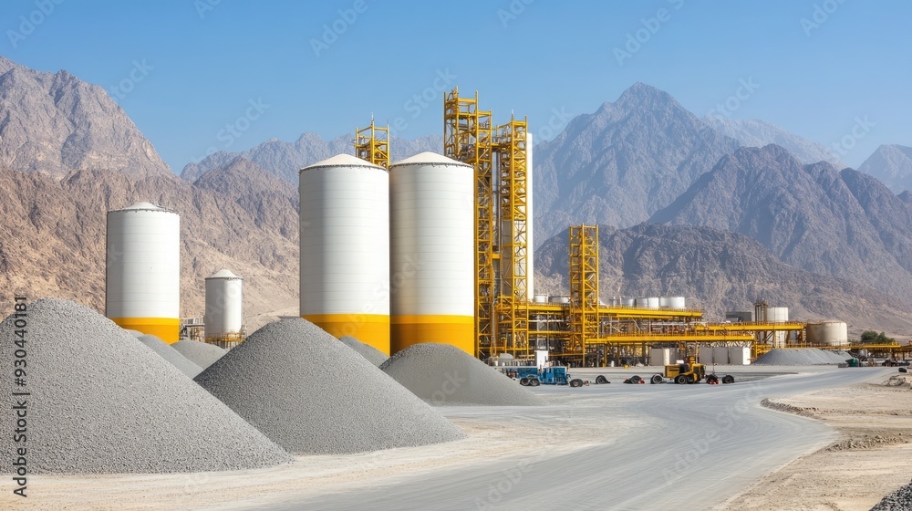Obraz premium The cement factory features towering white and yellow silos, surrounded by loose grey rocks and sand, set against a striking desert backdrop