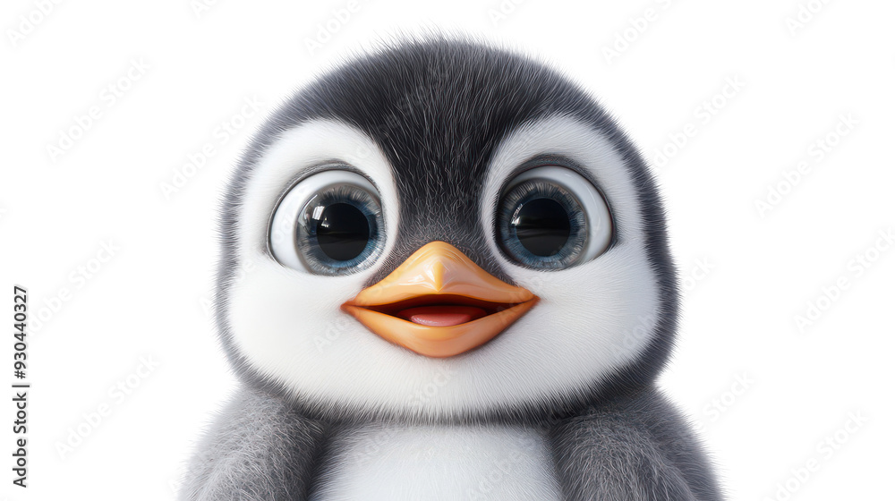 Fototapeta premium Realistic 3d render of a happy, furry and cute baby Penguin smiling with big eyes looking strainght