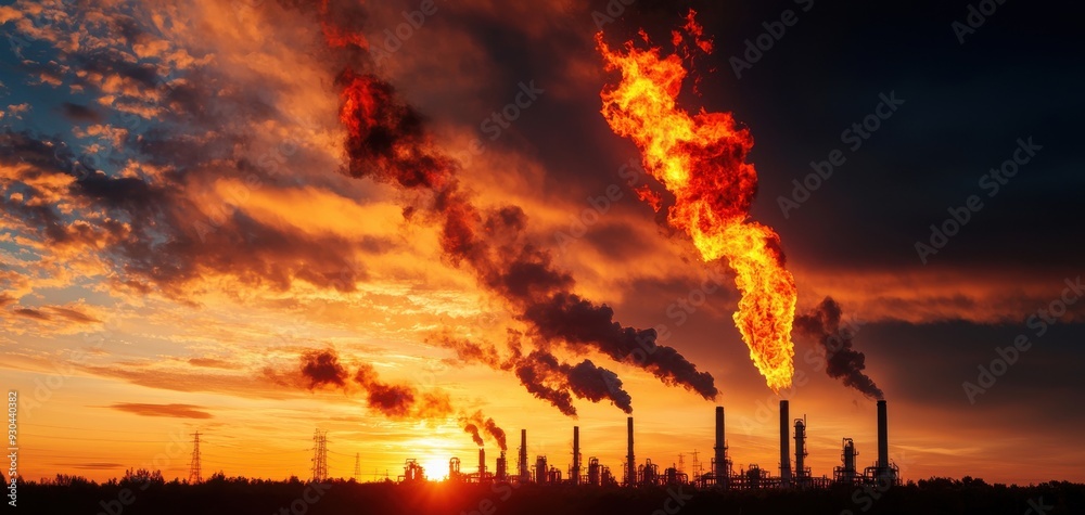 An industrial skyline at sunset, showcasing smoke and flames rising from chimneys, symbolizing environmental challenges. An industrial skyline at sunset, showcasing smoke and flames rising from chimneys, symbolizing environmental challenges.