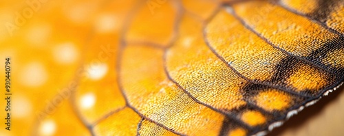 Close-up of a butterfly wing showcasing vibrant orange colors and intricate texture. Nature's beauty captured in detail.