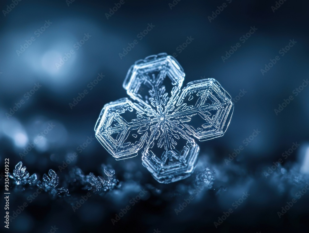 Close-up of a delicate snowflake displaying intricate patterns against a cool blue background, highlighting winter's beauty. Close-up of a delicate snowflake displaying intricate patterns against a cool blue background, highlighting winter's beauty.