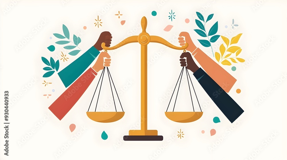 Diverse Hands Balancing Justice Scales Symbolizing and Unity