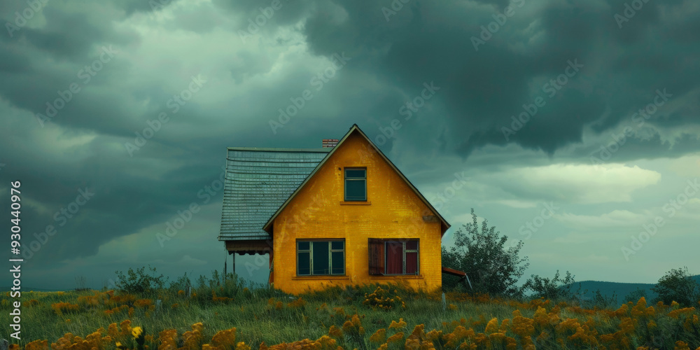 The exterior of a single isolated yellow house, stormy sky The exterior of a single isolated yellow house, stormy sky