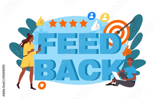 People with feedback. Man and woman with stars and thumbs up. Reviews on internet and online ratng. Team of marketers and SMM specialists. Flat vector illustration isolated on white background