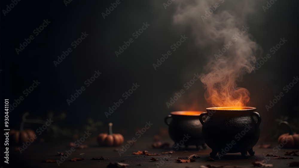 Two black cauldrons with glowing orange light and rising steam in a dark, spooky setting Two black cauldrons with glowing orange light and rising steam in a dark, spooky setting