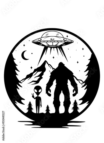 Bigfoot & Alien | Alien | UFO | Funny Alien | Alien Invasion | Big Foot | Extraterrestrial | Yeti | Original Illustration | Vector and Clipart | Cutfile and Stencil