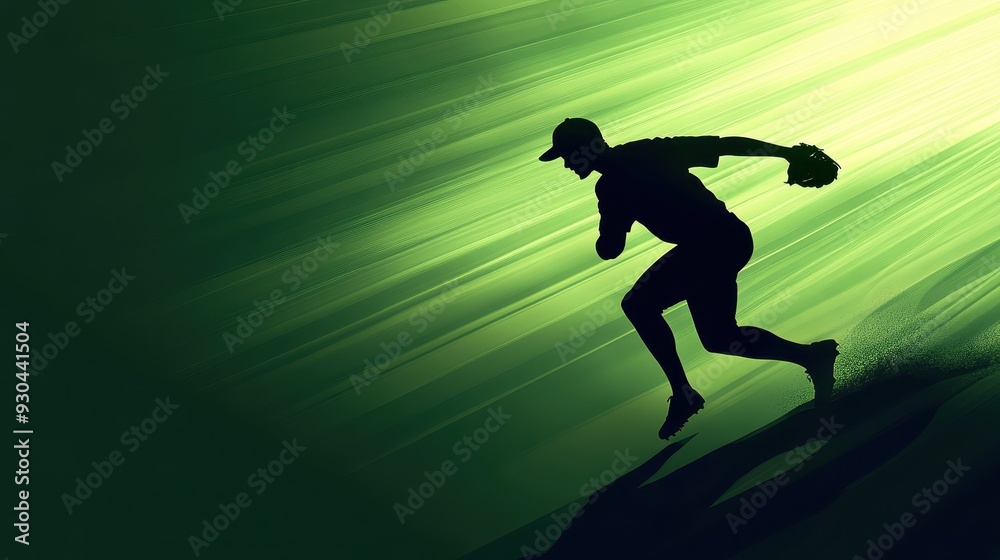 A silhouette of a baseball player in motion against a dynamic green background. A silhouette of a baseball player in motion against a dynamic green background.