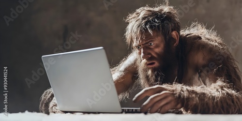 A confused caveman looking at a laptop. Technology concept. photo