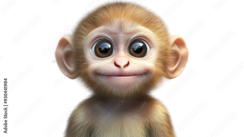 Realistic 3d render of a happy, furry and cute baby Monkey smiling with big eyes looking strainght