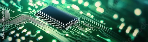 Close-up view of a microchip on a green circuit board, showcasing intricate details and technological innovation. photo