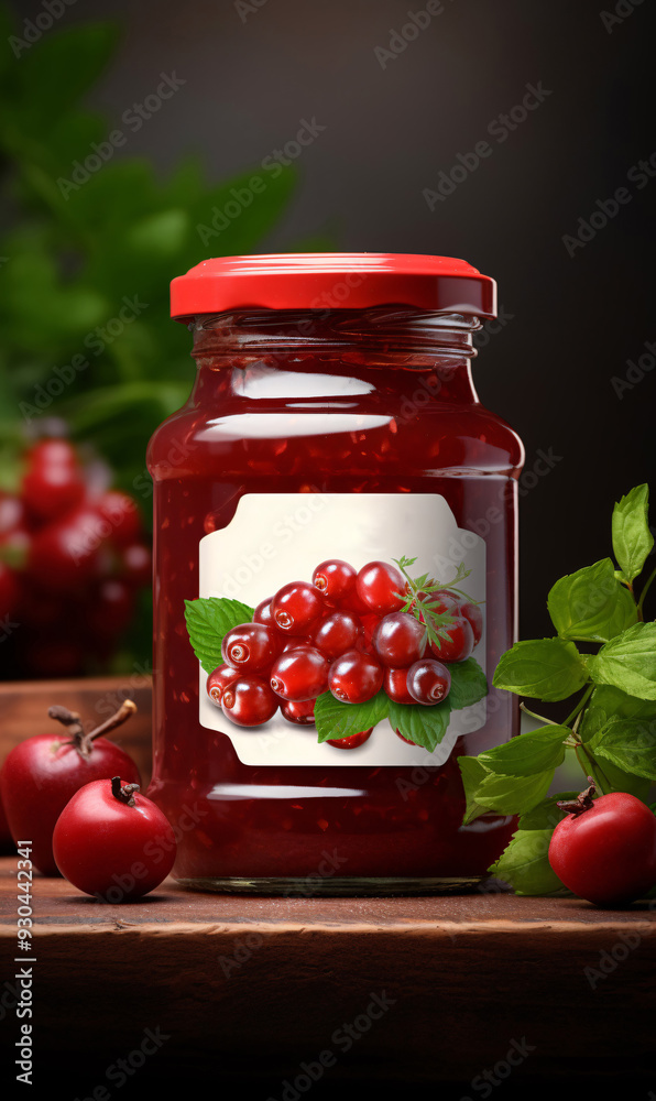 Jar of jam with pomegranate. Blank label for product labeling with pomegranate. Jar of jam with pomegranate. Blank label for product labeling with pomegranate.