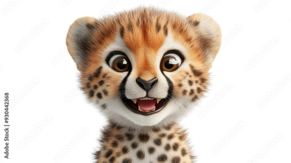 Obraz premium Realistic 3d render of a happy, furry and cute baby Cheetah smiling with big eyes looking strainght