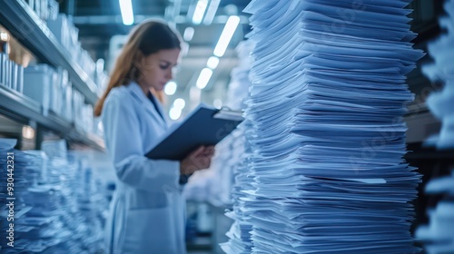 Stack of clinical trial documents with a researcher in the ackground, symolizing the regulatory aspect of pharmaceuticals. photo