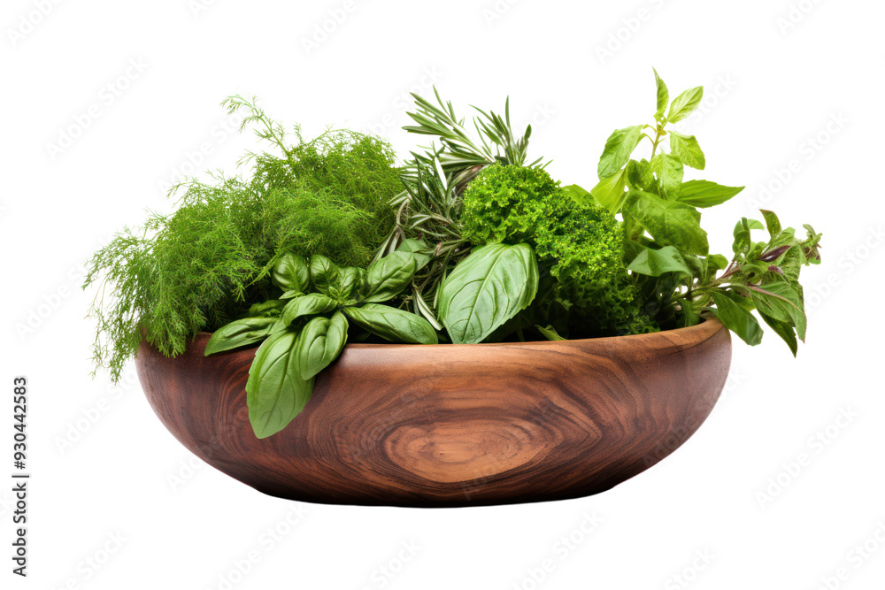 Fresh green herbs and spices from wooden bowl, isolated on white background. Fresh green herbs and spices from wooden bowl, isolated on white background.