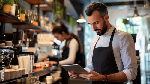 Colleagues Working on Tablet in a Modern Cafe Setting