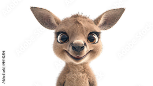 Realistic 3d render of a happy, furry and cute baby Kangaroo smiling with big eyes looking strainght