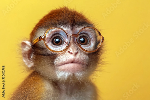 A young monkey with expressive eyes wears round spectacles against a yellow background. The glasses give the monkey a curious and intellectual appearance.AI generated.