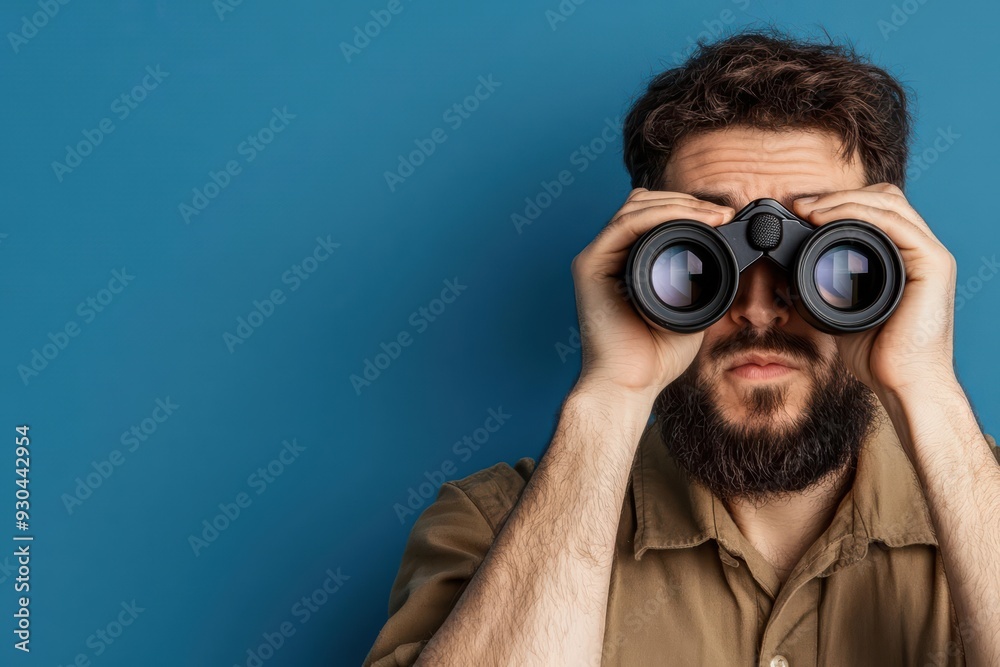 A spy holding binoculars, focused on a distant target, with an intense expression, representing the challenge of observation and discovery in espionage A spy holding binoculars, focused on a distant target, with an intense expression, representing the challenge of observation and discovery in espionage