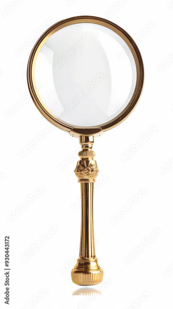 Beautiful magnifying glass with golden handle, white background Beautiful magnifying glass with golden handle, white background