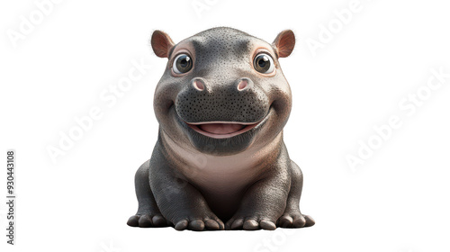 Realistic 3d render of a happy, furry and cute baby Hippopotamus smiling with big eyes looking strainght photo