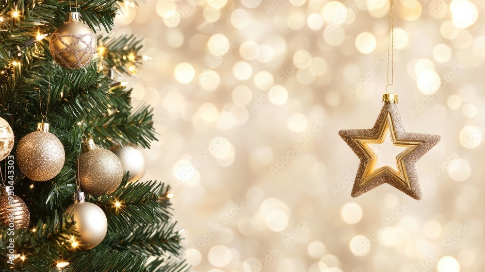 Obraz premium A close-up view of golden star ornaments on a Christmas tree with a soft, blurred backdrop of shimmering golden lights creating a joyful holiday ambiance