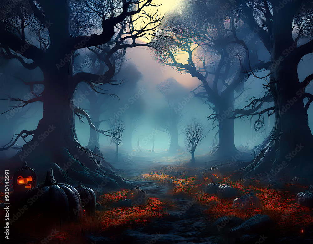 Fototapeta premium dark misty forest panorama fantasy halloween landscape