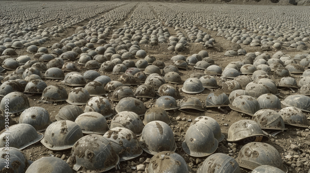 Fototapeta premium Vast land covered with rows upon rows of military helmets on football fields, each representing a soldier lost in battle