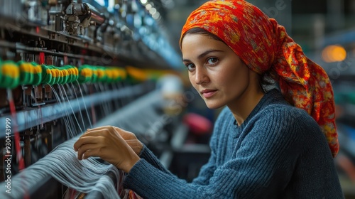 Textile factory worker threading yarn through a loom, emphasizing the manual skill required in faric weaving. photo