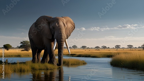  A large elephant immersed in water, demonstrating its grandeur and the harmony of nature in a calm scene. 