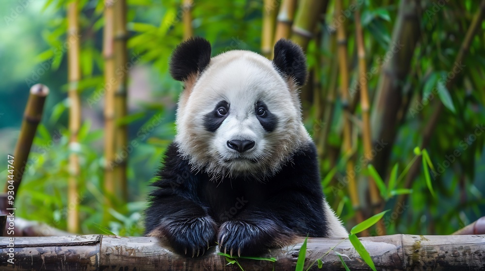 Fototapeta premium A Curious Panda Cub Resting on a Bamboo Branch