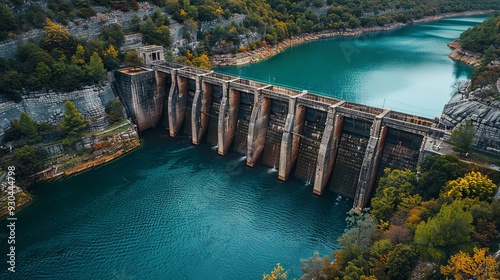 River or lake water dam wall architecture, industry reservoir renewable and sustainable energy technology photo