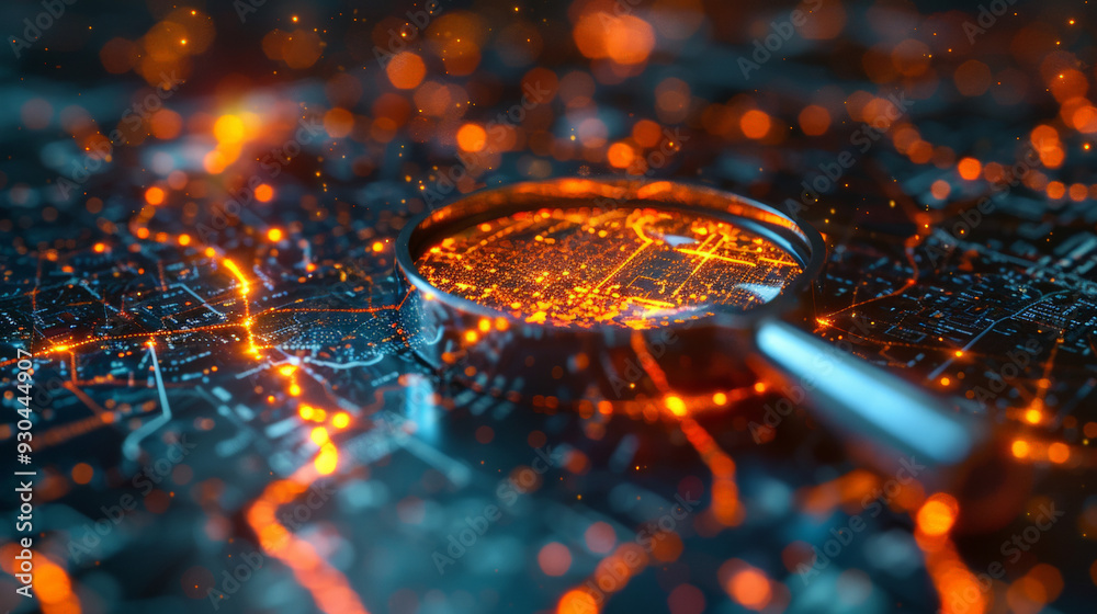 A close-up of a magnifying glass over a map showing Digital graphics, data visualization, political campaign theme A close-up of a magnifying glass over a map showing Digital graphics, data visualization, political campaign theme