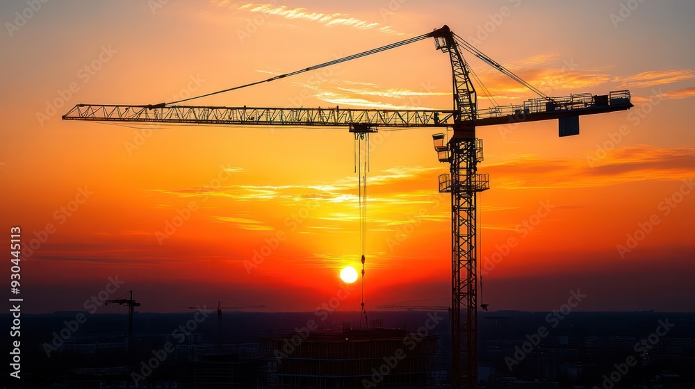 Tower crane silhouetted against the sunrise, lifting materials high aove a construction site, representing the height and strength of heavy equipment. Tower crane silhouetted against the sunrise, lifting materials high aove a construction site, representing the height and strength of heavy equipment.
