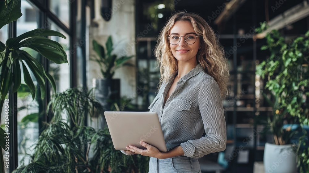Happy Businesswoman Standing in Modern Office Space, Holding Laptop and Smiling Happy Businesswoman Standing in Modern Office Space, Holding Laptop and Smiling
