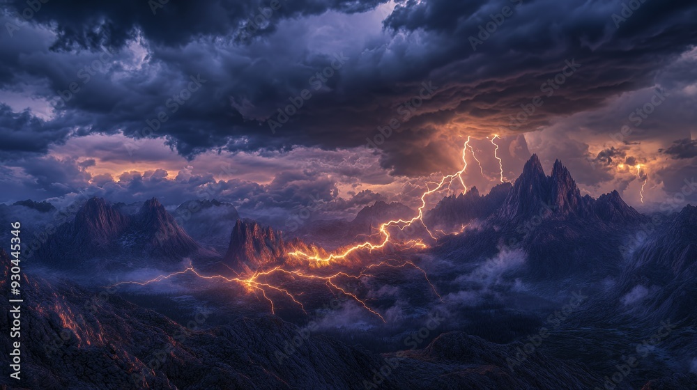 A dramatic landscape featuring mountains, lightning, and stormy skies at dusk. A dramatic landscape featuring mountains, lightning, and stormy skies at dusk.