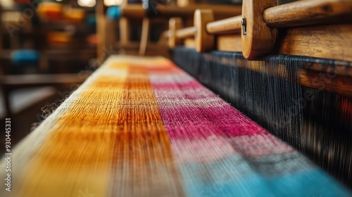 Traditional loom weaving colorful faric in a workshop, symolizing the heritage and craft of textile production. photo