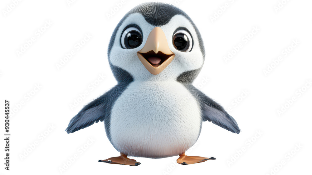 Obraz premium Realistic 3d render of a happy, furry and cute baby Puffin smiling with big eyes looking strainght