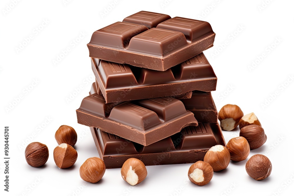 Hazelnut Chocolate Isolated, Stack of Pieces of Milk Chocolate with Whole Hazelnuts on White Hazelnut Chocolate Isolated, Stack of Pieces of Milk Chocolate with Whole Hazelnuts on White