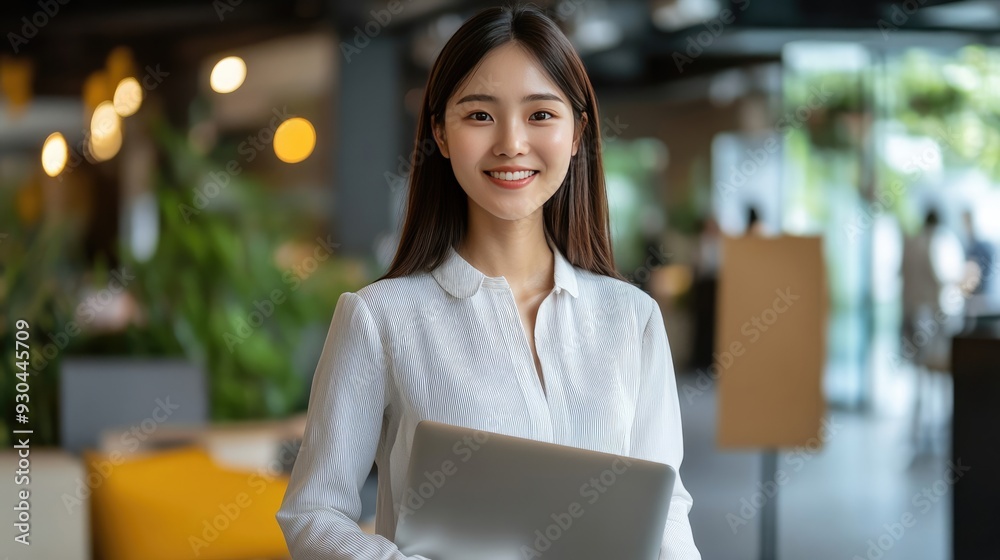 Happy Businesswoman Standing in Modern Office Space, Holding Laptop and Smiling