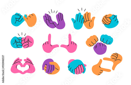 Hands holding together. High five, applause clap and fist bump, couple handshake, two hands frame cropping and heart shaped gestures vector set.