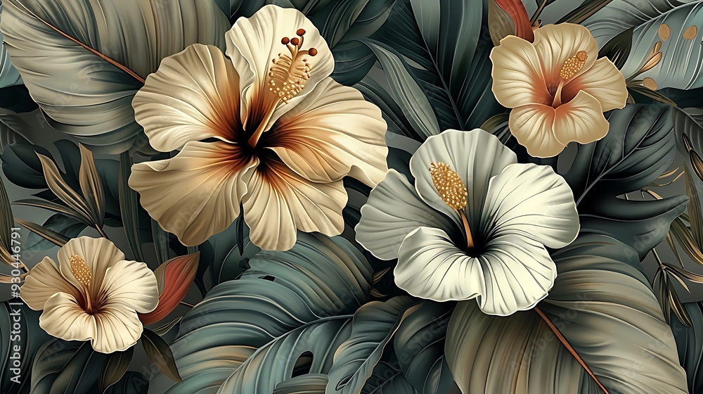 custom made wallpaper toronto digitalSeamless wallpaper design of tropical blooms, including detailed illustrations of hibiscus, bird of paradise, and orchids, soft pastel tones, vintage style, lush and vibrant, hand-drawn,
