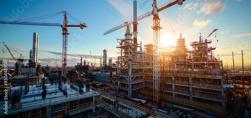 Industrial Plant Construction with Cranes and Scaffolding