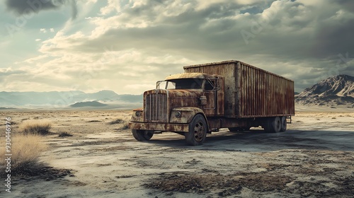 Rusty Semi-Truck Abandoned in a Desert Landscape photo