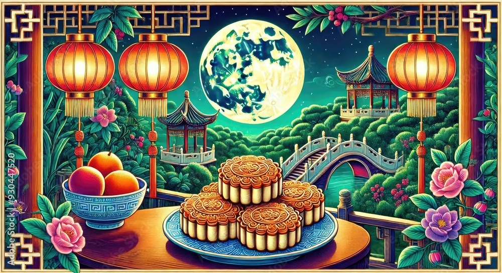 Obraz premium mid-autumn celebration with mooncakes, tangerines and lanterns, with the full moon in the background in a classic Chinese garden