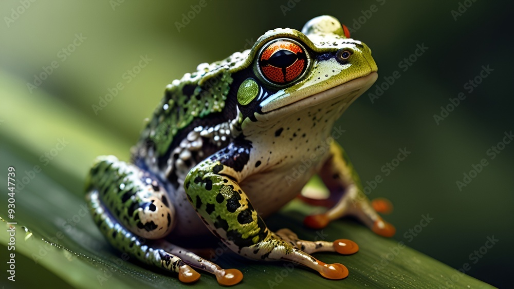 Obraz premium A frog perched on a vibrant green leaf, surrounded by a lush green background, showcasing nature's tranquility
