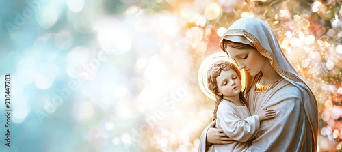 portrait of a Virgin Mary and baby Jesus.  Abstract light background, with copy space for text. For christmas, easter, banner, design, Virgin Mary mother of Jesus
