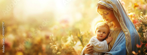 portrait of a Virgin Mary and baby Jesus.  Abstract light background, with copy space for text. For christmas, easter, banner, design, Virgin Mary mother of Jesus